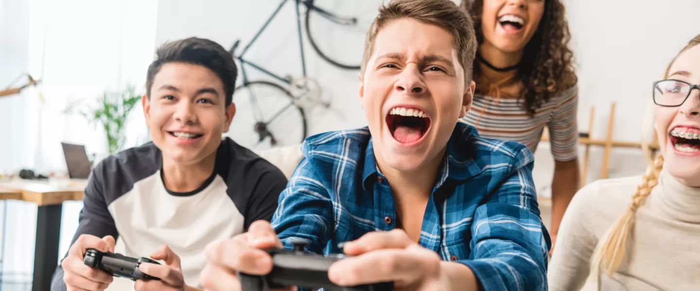 group of kids playing video games
